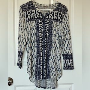 Lucky Brand Women Large Boho Aztec Wood Block Blue Cream Tunic